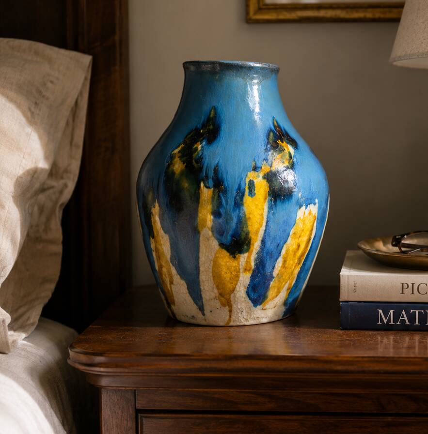 Baluster vase in Belgian ceramic with flowing blue and yellow glazes.