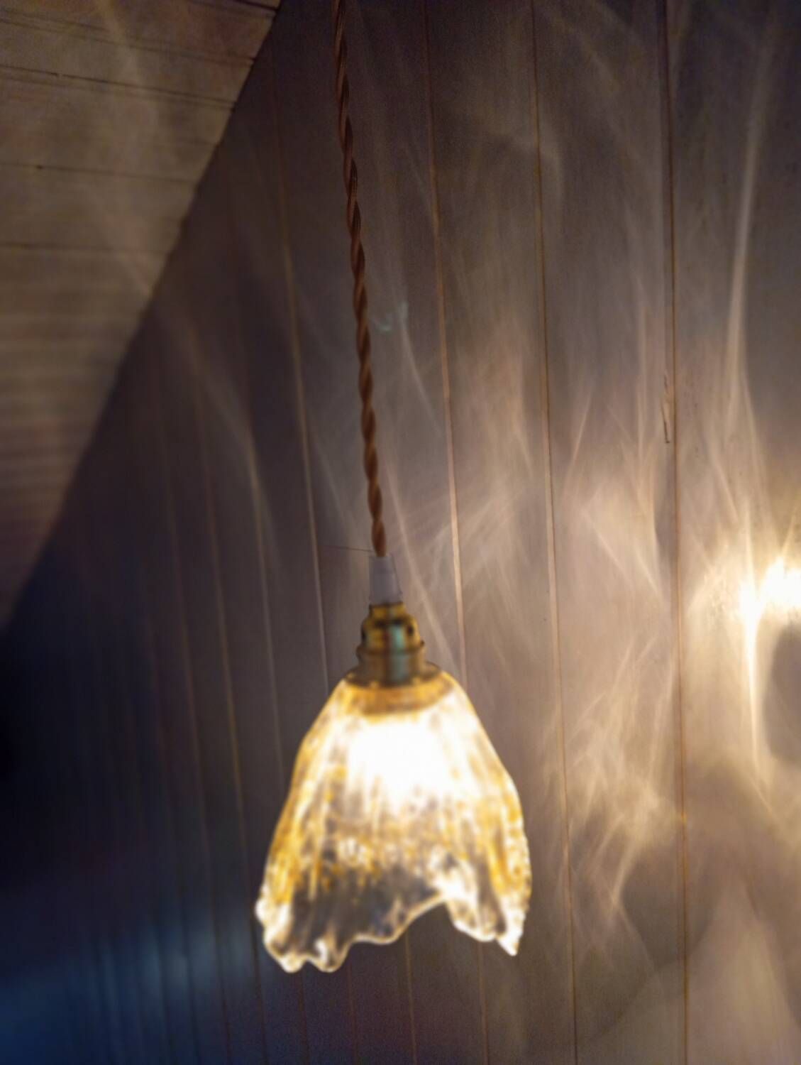 Hanging pendant light thick transparent draped and amber glass, vintage