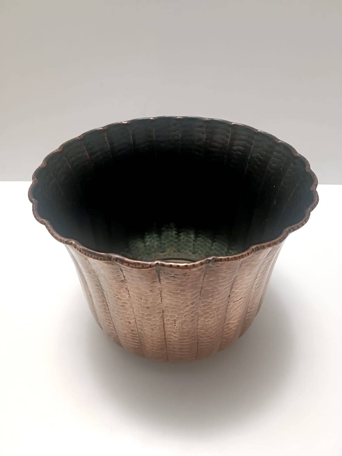 Round Embossed Copper Cachepot / Vase in the style of Egidio Casagrande