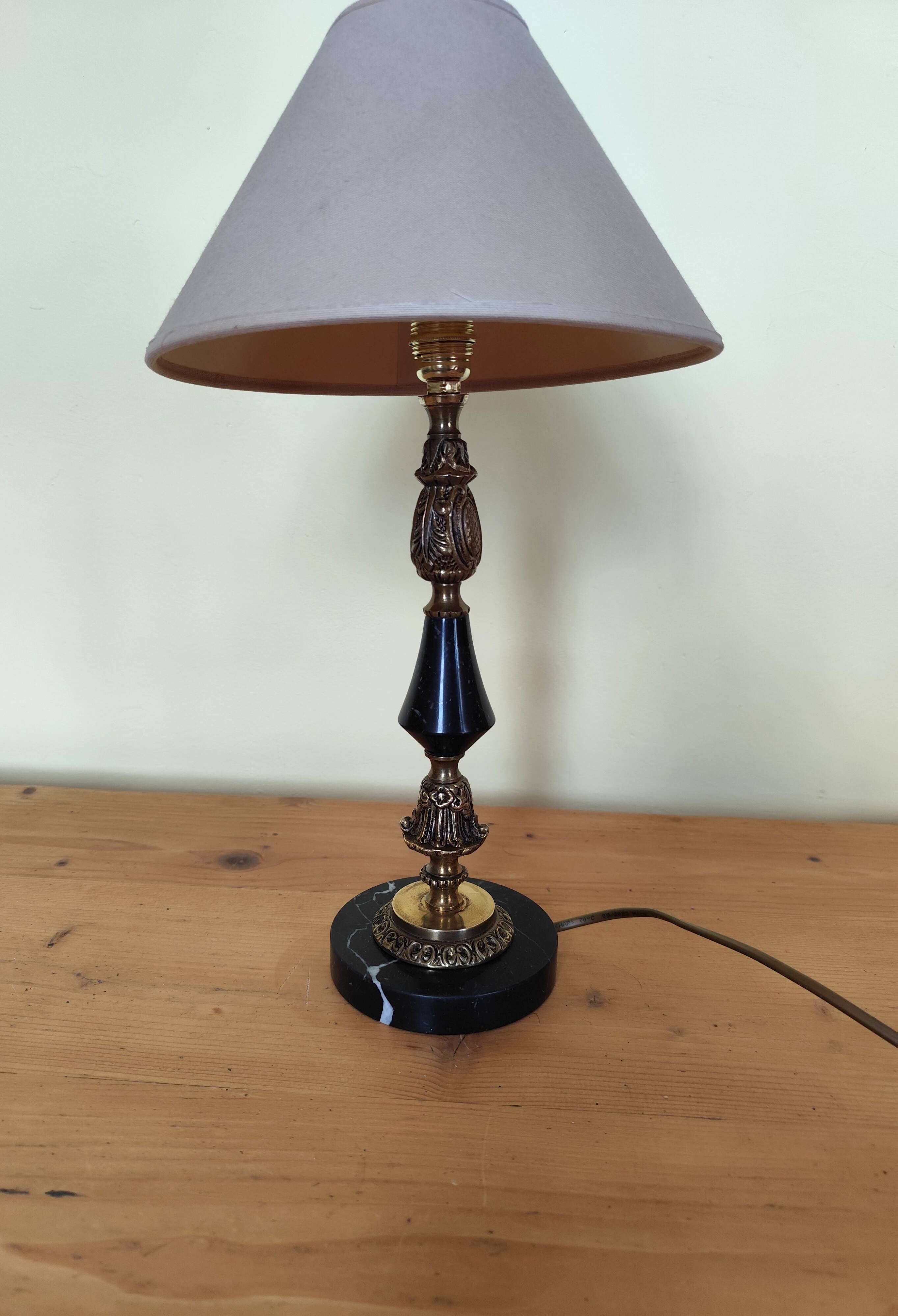 Table lamp base candlestick in chiselled brass and marble base.