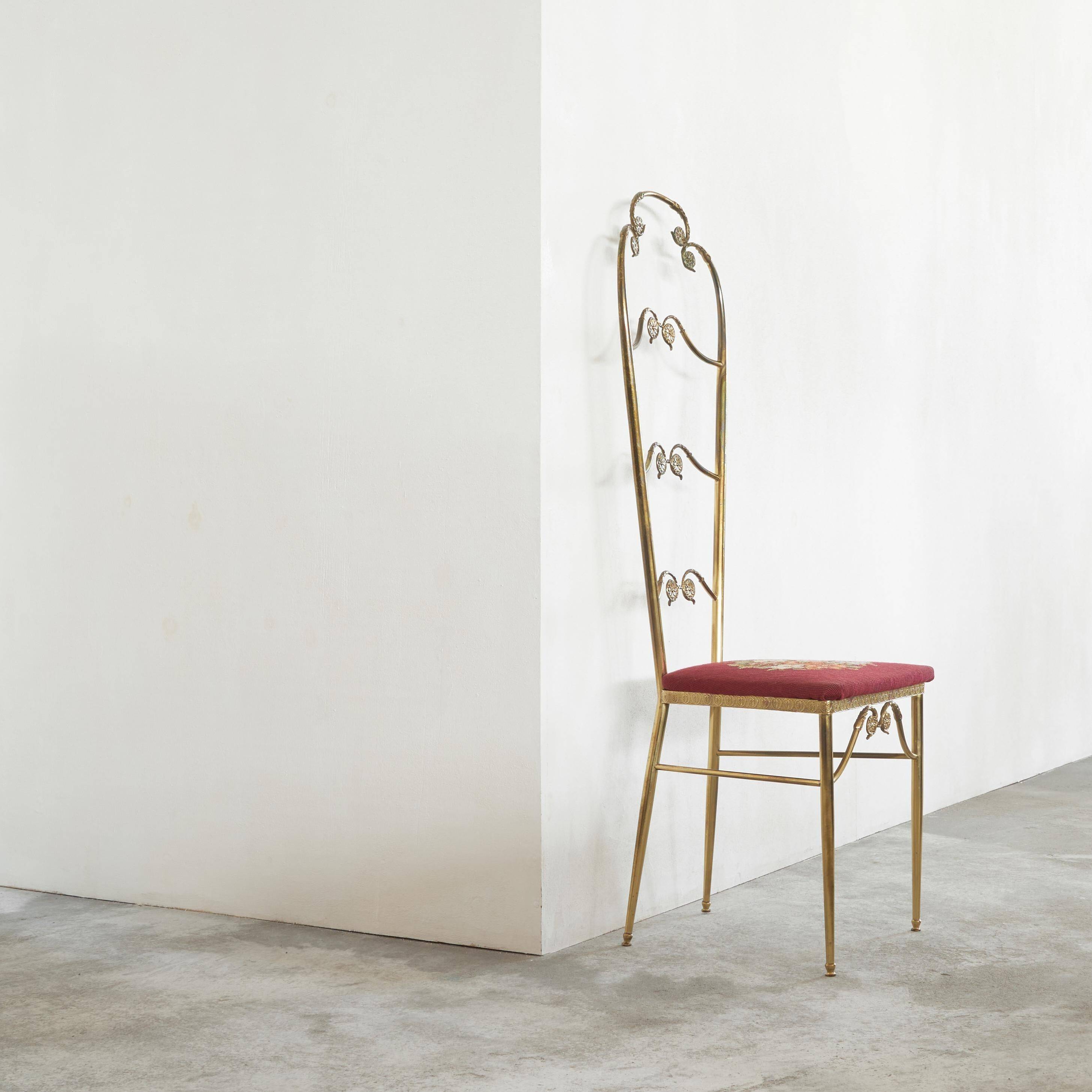Chiavari chair with high back, brass, embroidery from the 1960s.