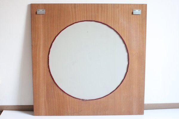Large teak wooden mirror, round with a square frame, 1960s.