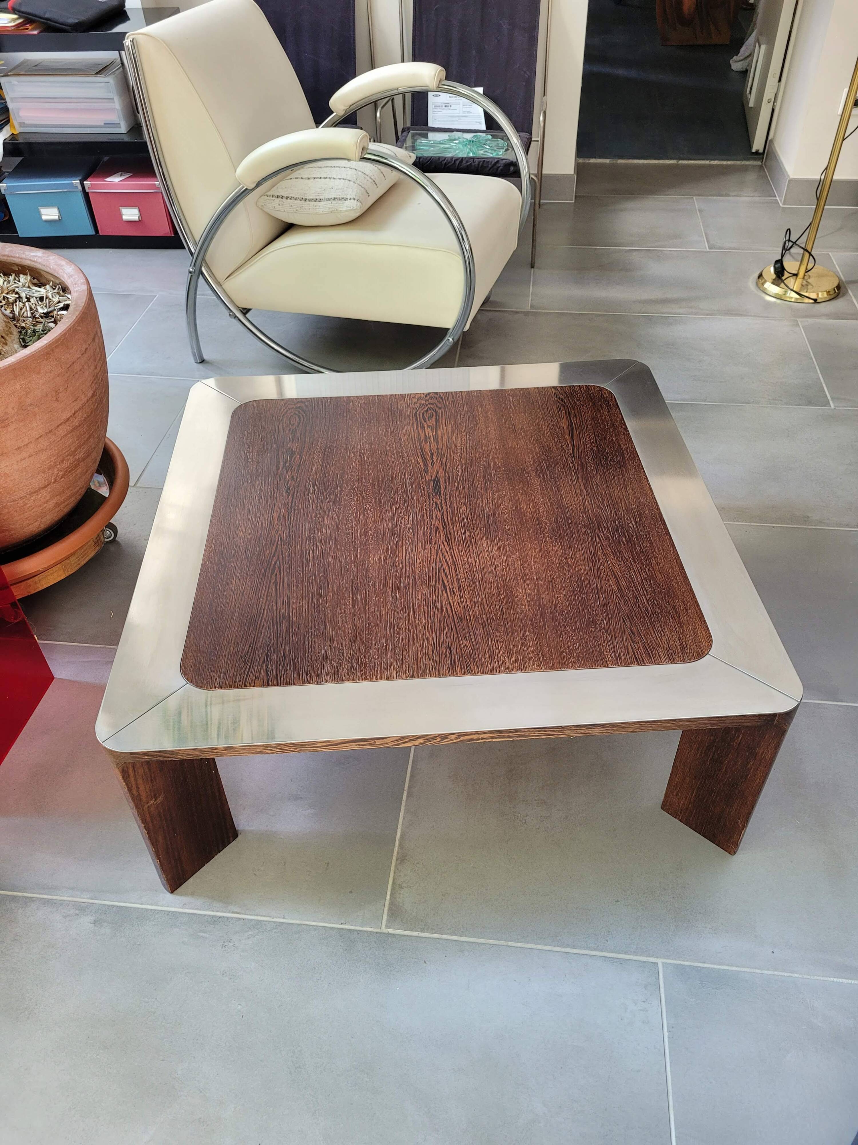 Square wood and steel coffee table from the 80s
