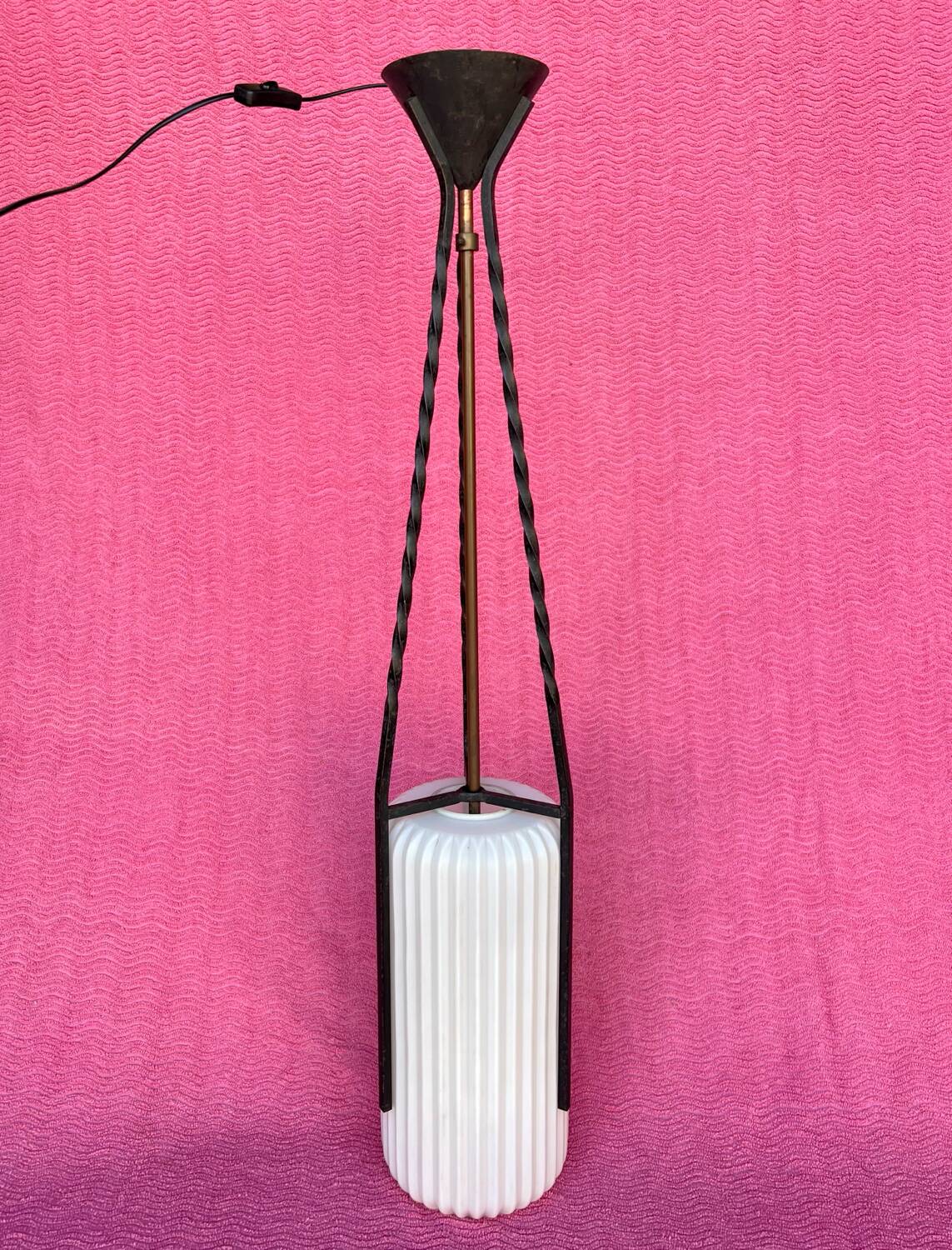 LAMP/IRON SUSPENSION FORGED OPAQUE WHITE GLASS CYLINDRICAL TUBE