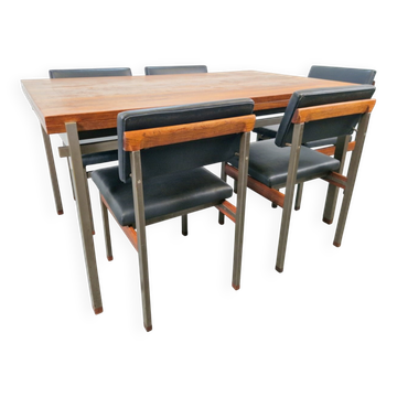 Pali Dining Chairs and Dining Table by Louis van Teeffelen for Wébé, 1960s, Set of 6