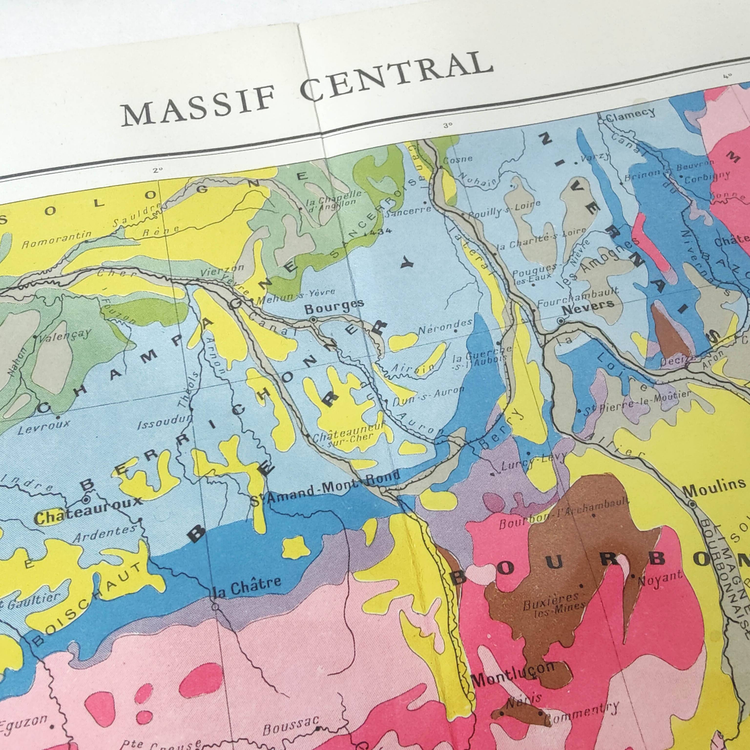 Old map of France the central massif in 1950 43x43cm
