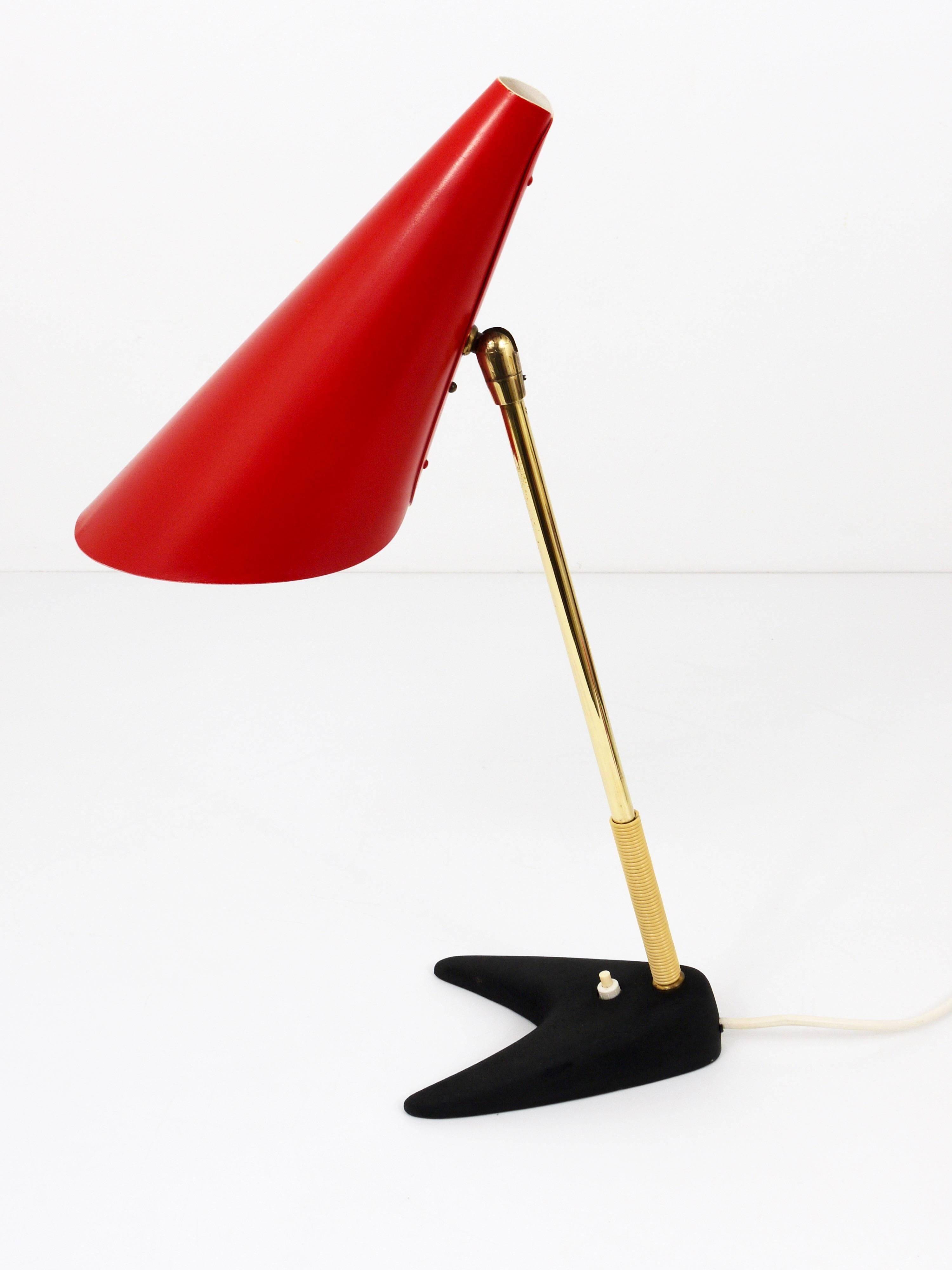 Red brass table lamp in the style of J.T. Kalmar, mid-century, Vienna, Austria, 1950s.