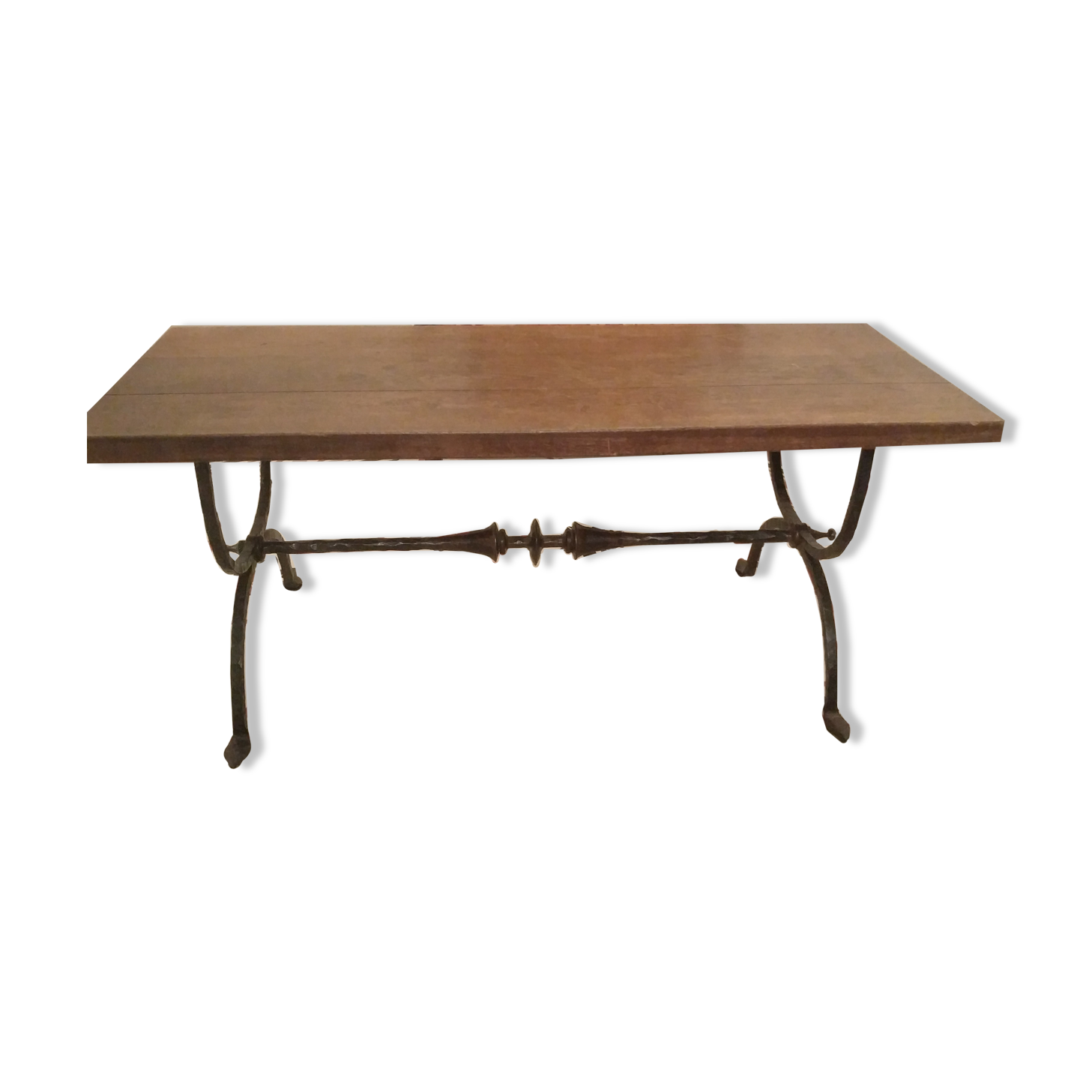 Coffee table, wooden top, wrought iron legs