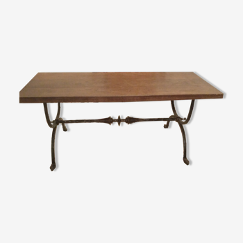 Coffee table, wooden top, wrought iron legs