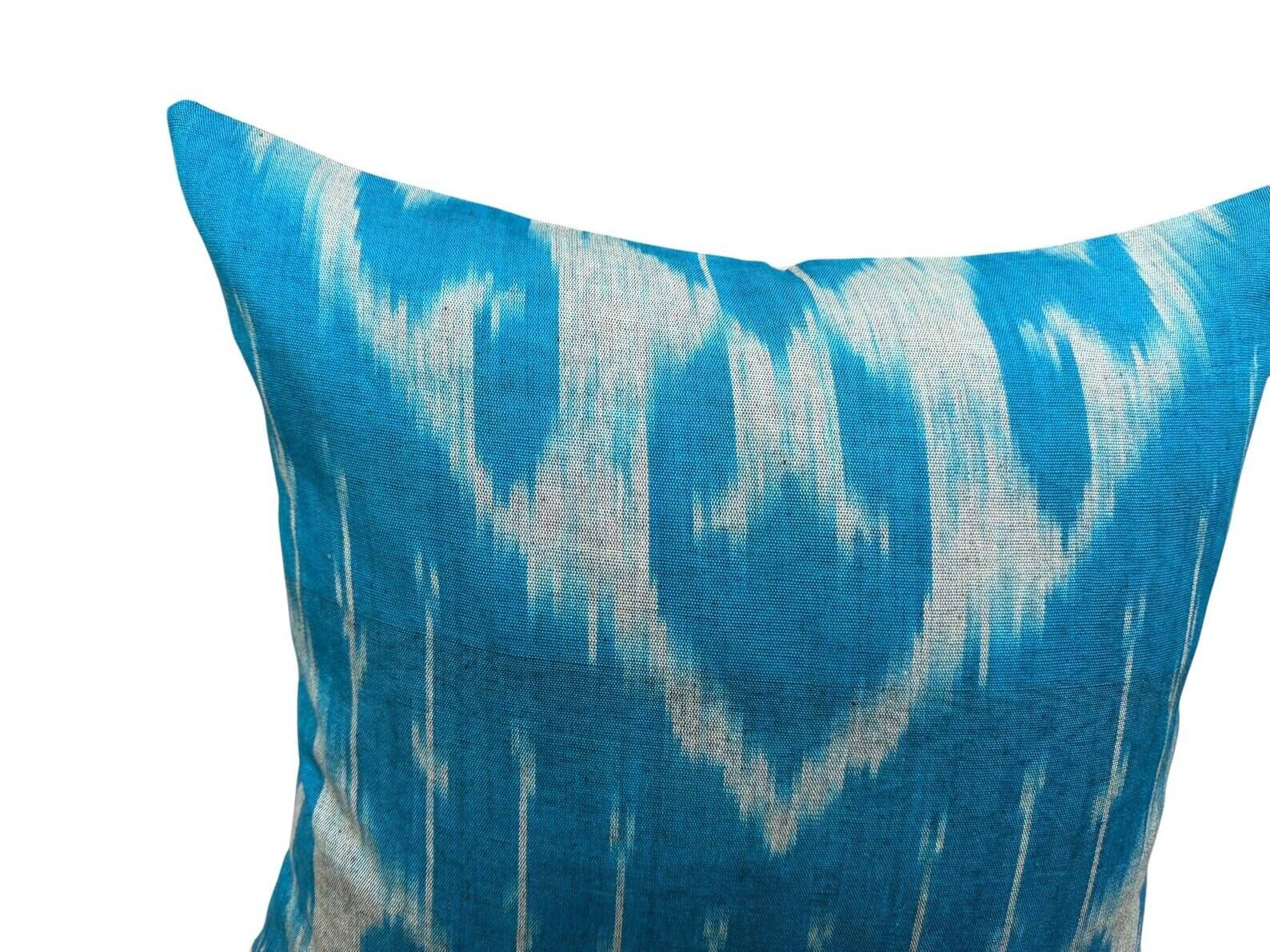 Silk Ikat Square Cushion Cover, Sky Blue Vintage Abraj, Handwoven, 16x16