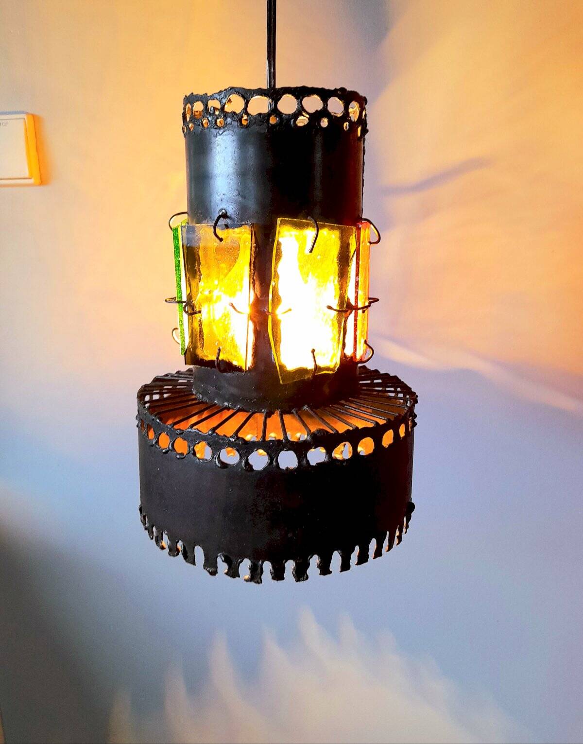 Brutalist suspension light 1960 industrial metal/glass