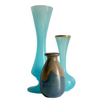Vintage Blue Stoneware and Opaline Glass VASES