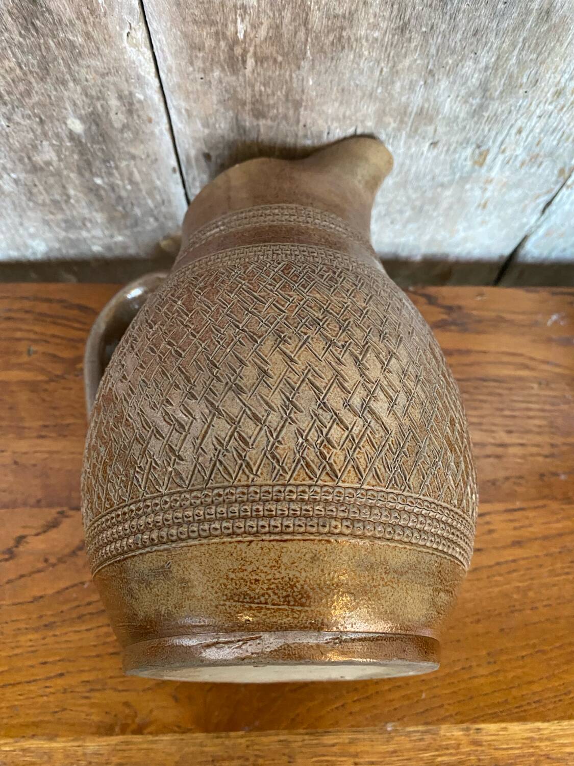 Antique brown stoneware pitcher geometric chiseled decor made in france vintage