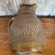 Antique brown stoneware pitcher geometric chiseled decor made in france vintage