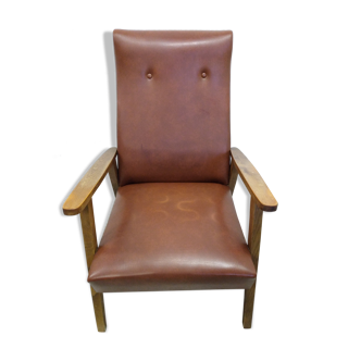 Vintage armchair in wood and imitation leather