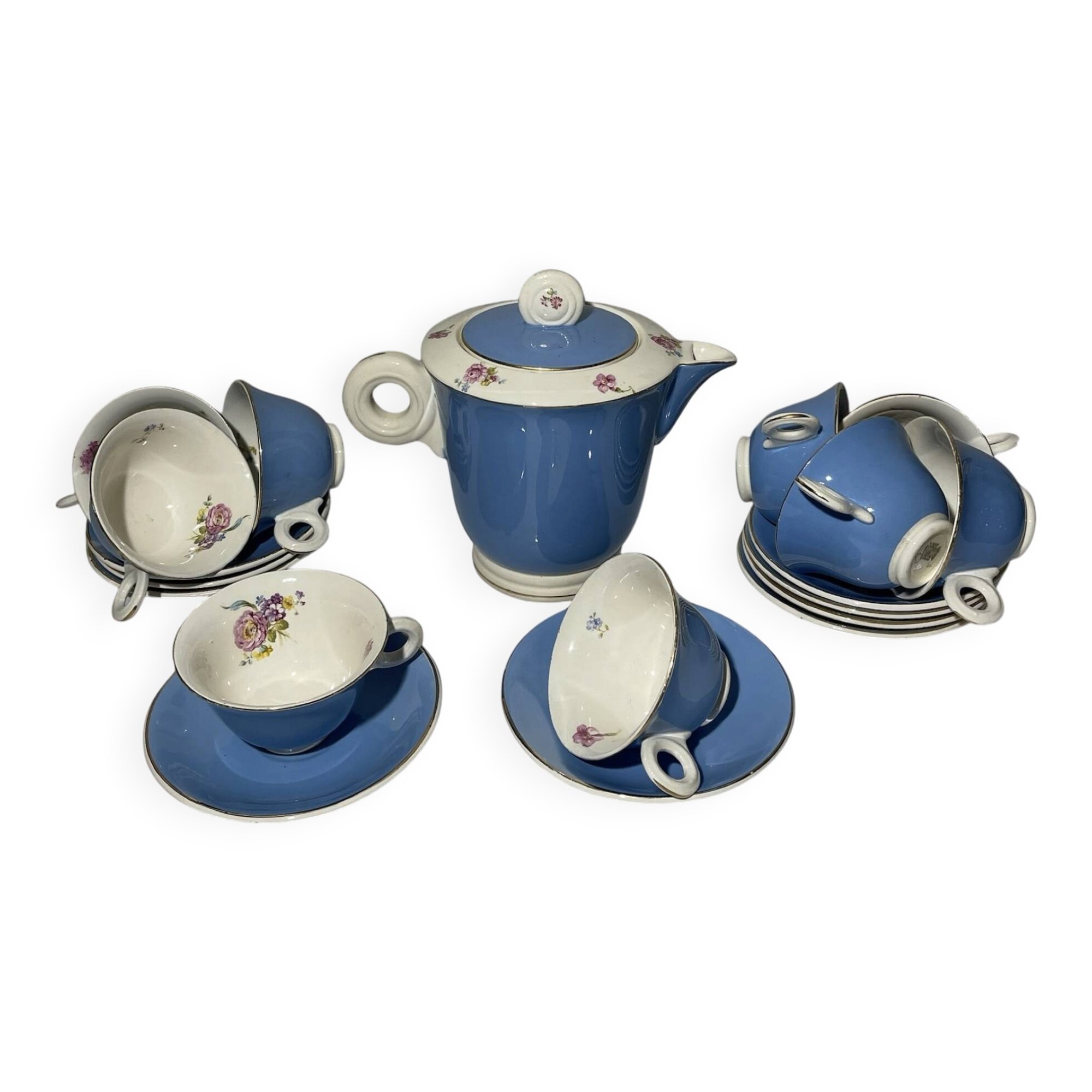 Service à café vintage Digoin Sarreguemines – 9 personnes – Bleu & fle