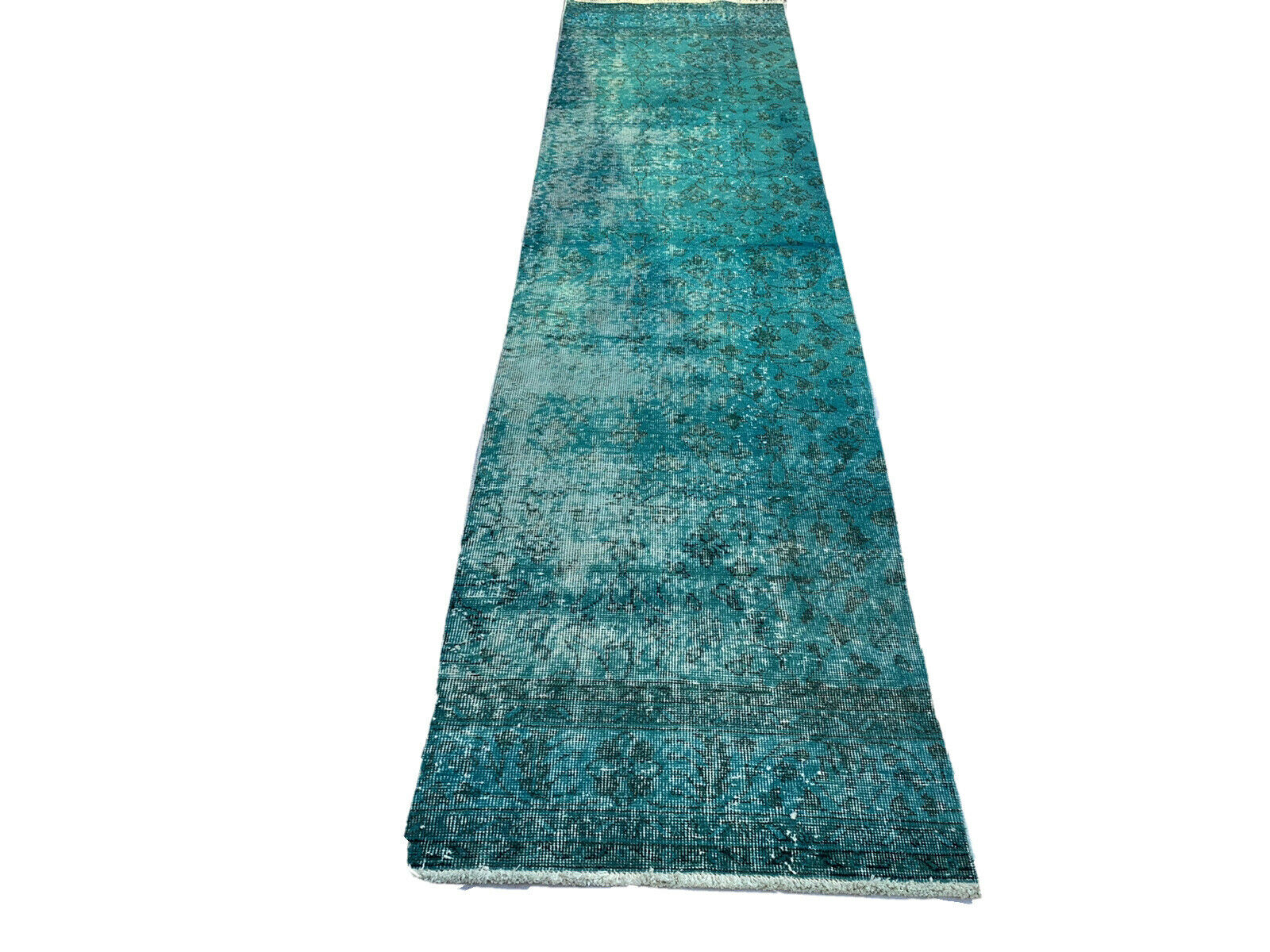 Distressed Turkish Narrow Runner 304 x 76 cm Wool Vintage rug, Overdyed Turquoise