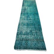 Distressed Turkish Narrow Runner 304 x 76 cm Wool Vintage rug, Overdyed Turquoise