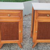 Paire de tables de chevet en chêne, a. 1950 ; piètement compas, design rétro vintage