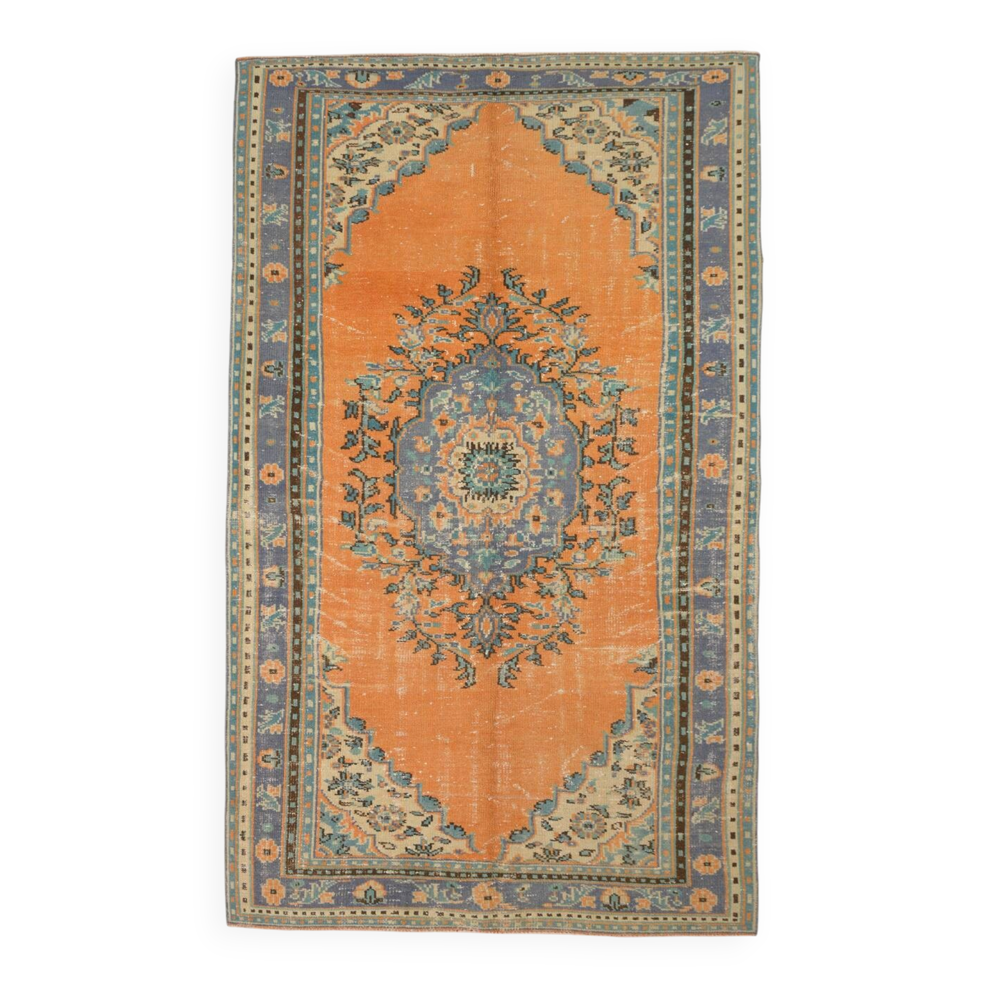 6x9 Vintage Peach Color Blue Medallion Handmade Vintage Rug, 175x290 Cm