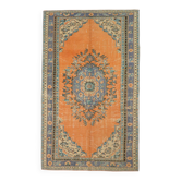 Tapis vintage fait main médaillon bleu couleur pêche vintage 6x9, 175x290 cm