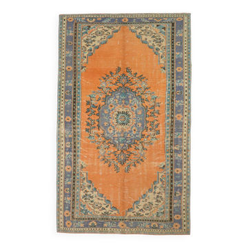 6x9 Vintage Peach Color Blue Medallion Handmade Vintage Rug, 175x290 Cm