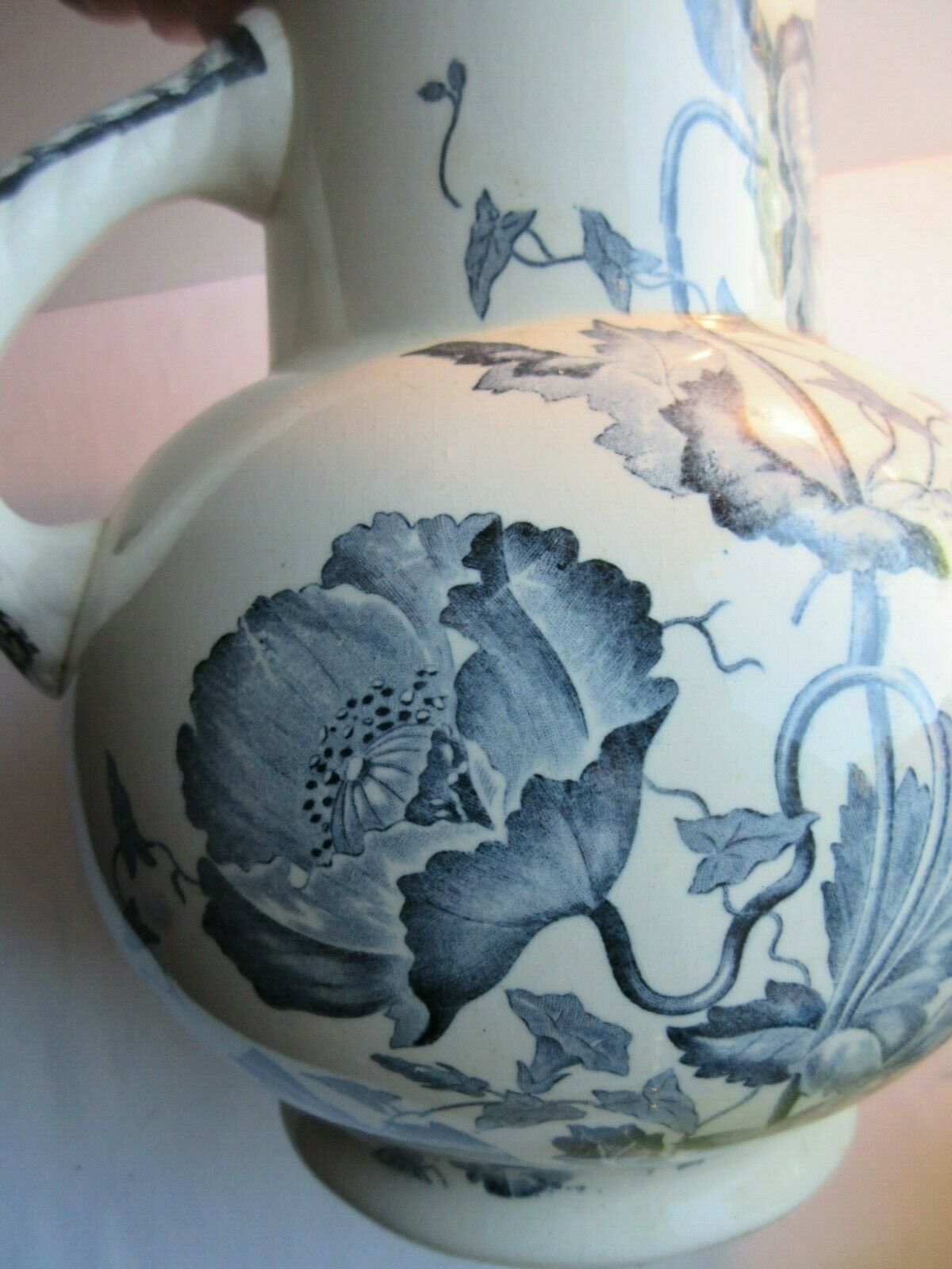 Art Nouveau toilet broc, blue-grey Iris décor, signed Longchamp