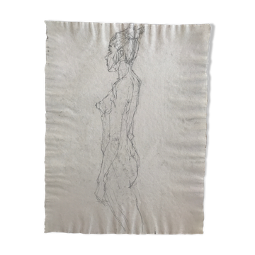 Croquis au crayon sur papier de robert haisley, figure contemporaine debout (étude de profil)