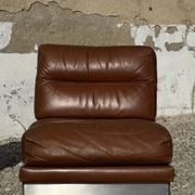 Complete vintage living room set, brushed aluminum and brown leather, France, 1970