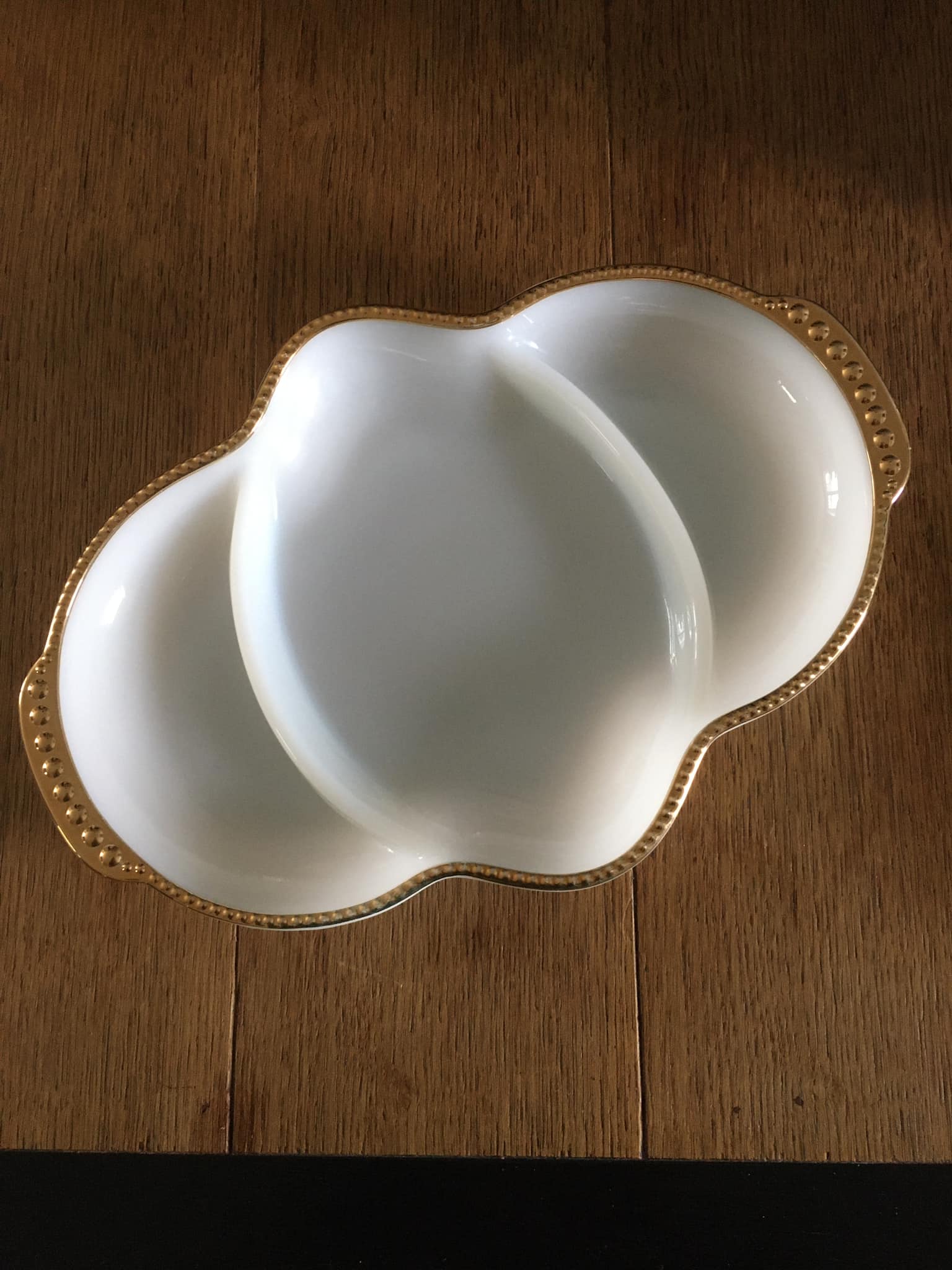 White opaline serving dish, Fire King brand Made in USA, golden edging, 50s