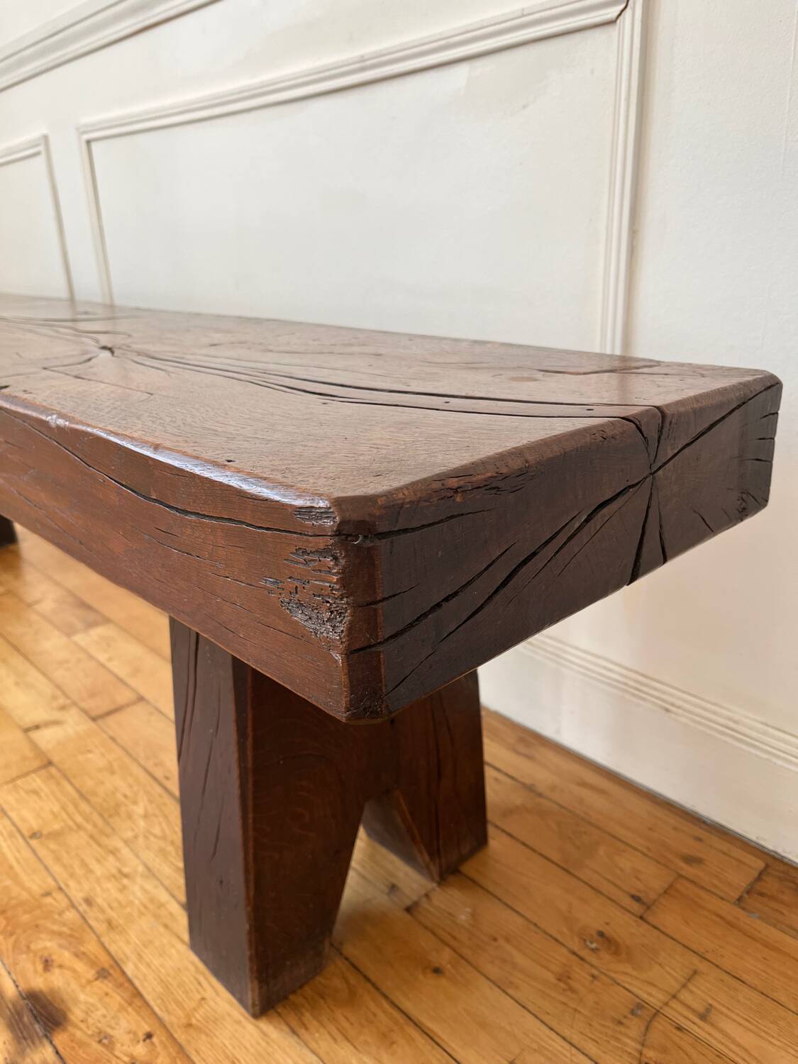 Brutalist Folk Art Bench Solid Oak