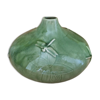 Vintage vase in ceramic emailed with relief motifs of dragonfly