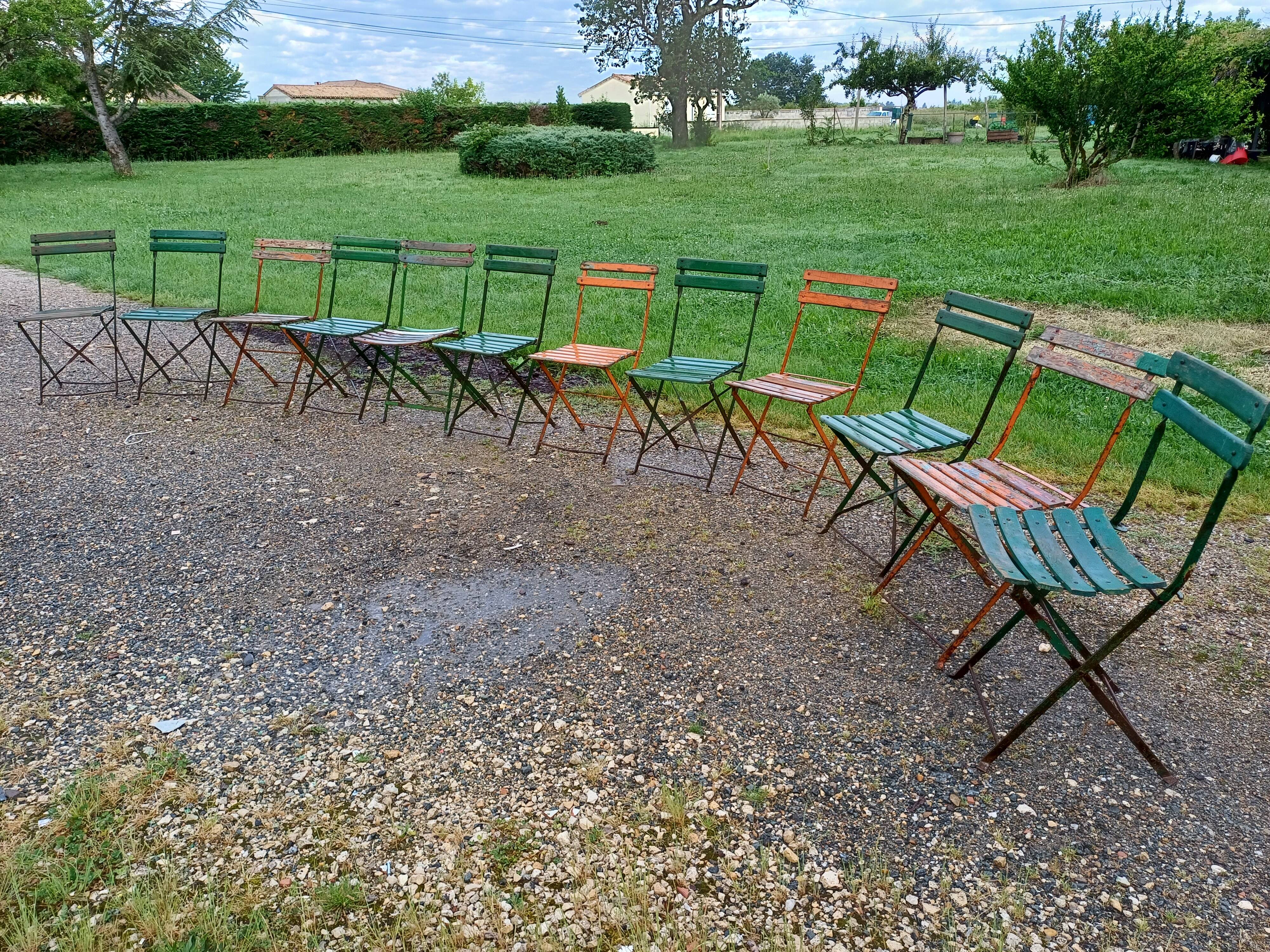12 folding iron and wood garden chairs