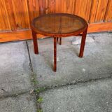 Vintage Art Deco round side table with cane top and walnut wooden frame, 1930s