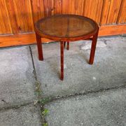 Vintage Art Deco round side table with cane top and walnut wooden frame, 1930s