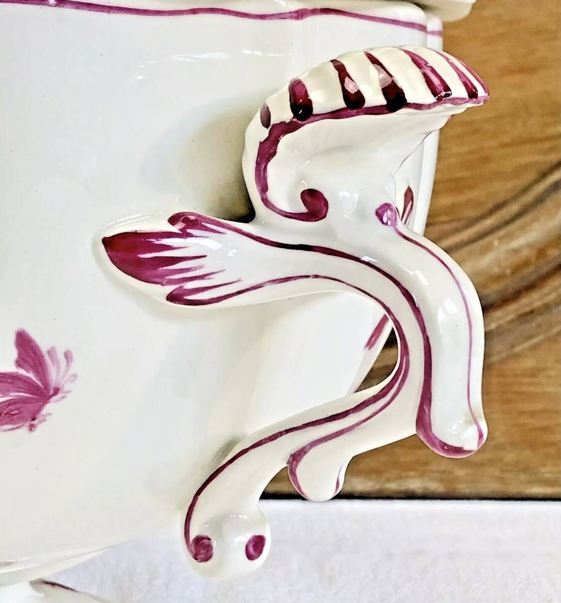 Antique large Gien vegetable soup tureen, pink landscape model, 1938/1960