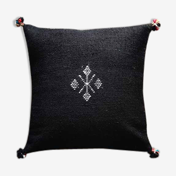 Black Moroccan cushion with cotton pompom