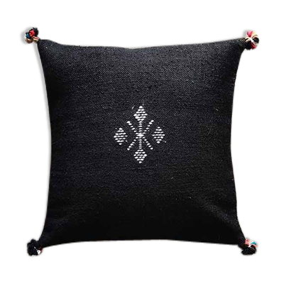 Coussin marocain noir à pompon en coton