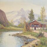 Tableau « Le chalet au ruisseau de montagne », design scandinave, années 1970