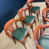 Set of 6 bistro armchairs in Plamette and green skai from the 80s France