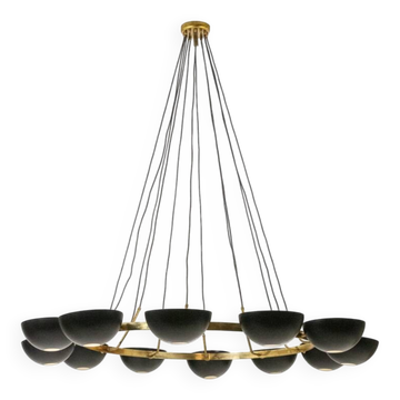 12-light chandelier in patinated brass and black lacquered metal. Contemporary.