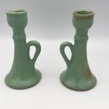 Pair of vintage table candle holders in green enameled ceramic