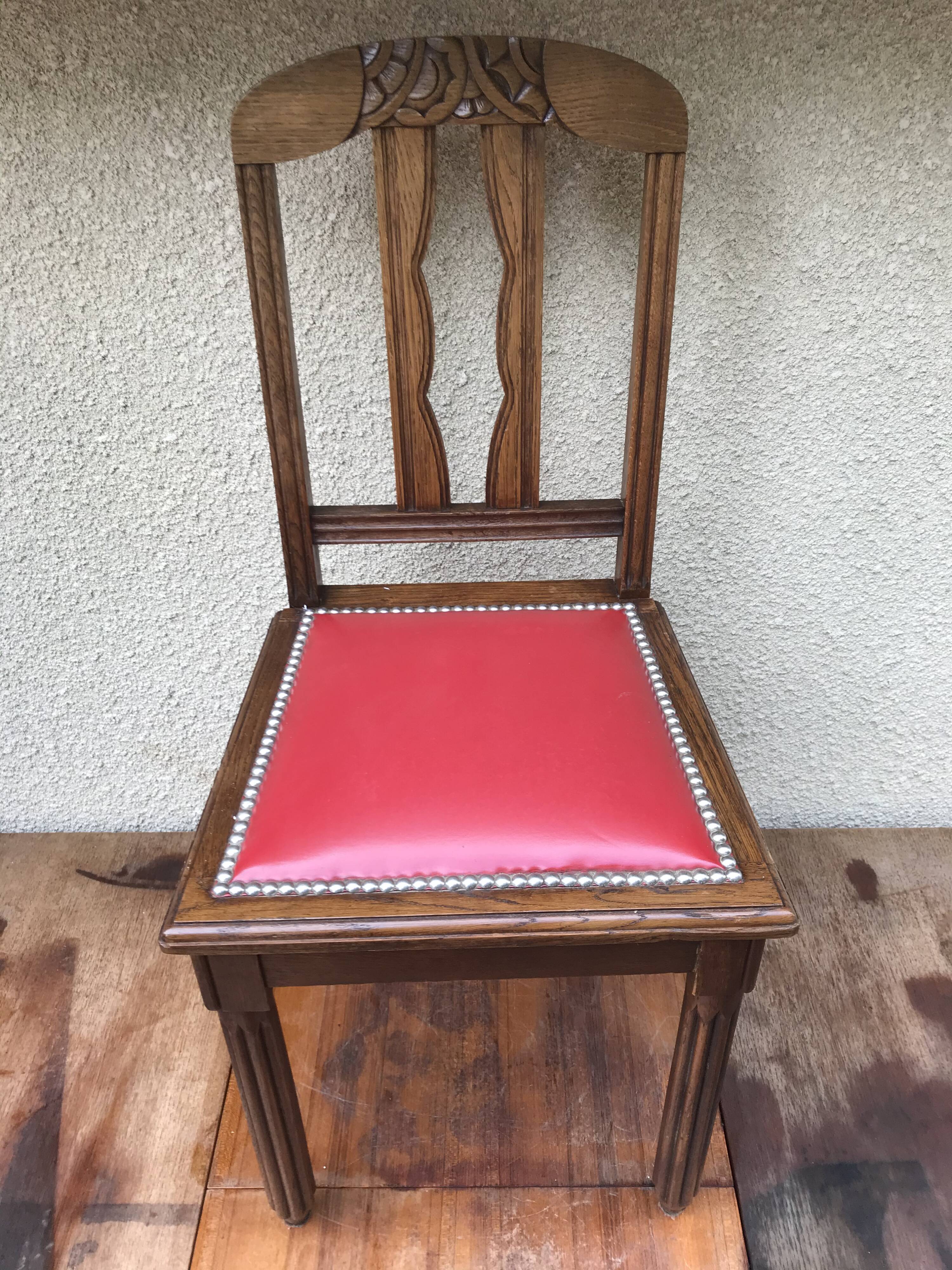 Pair of old chairs art deco in sculpted wood & vintage red leather seat