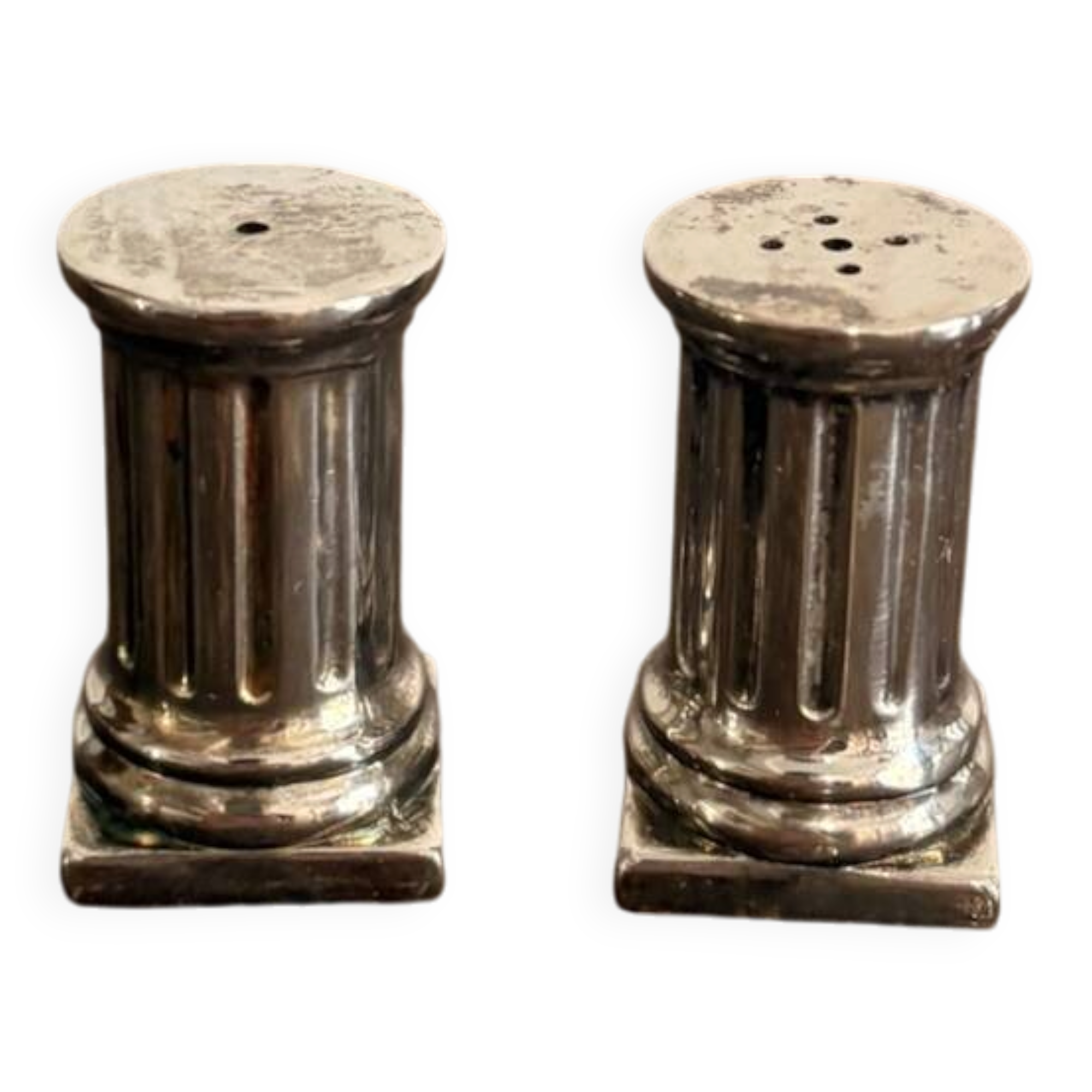 Salt and Pepper Shaker Doric Column Fluted Silver-Plated Metal Neo-Classical