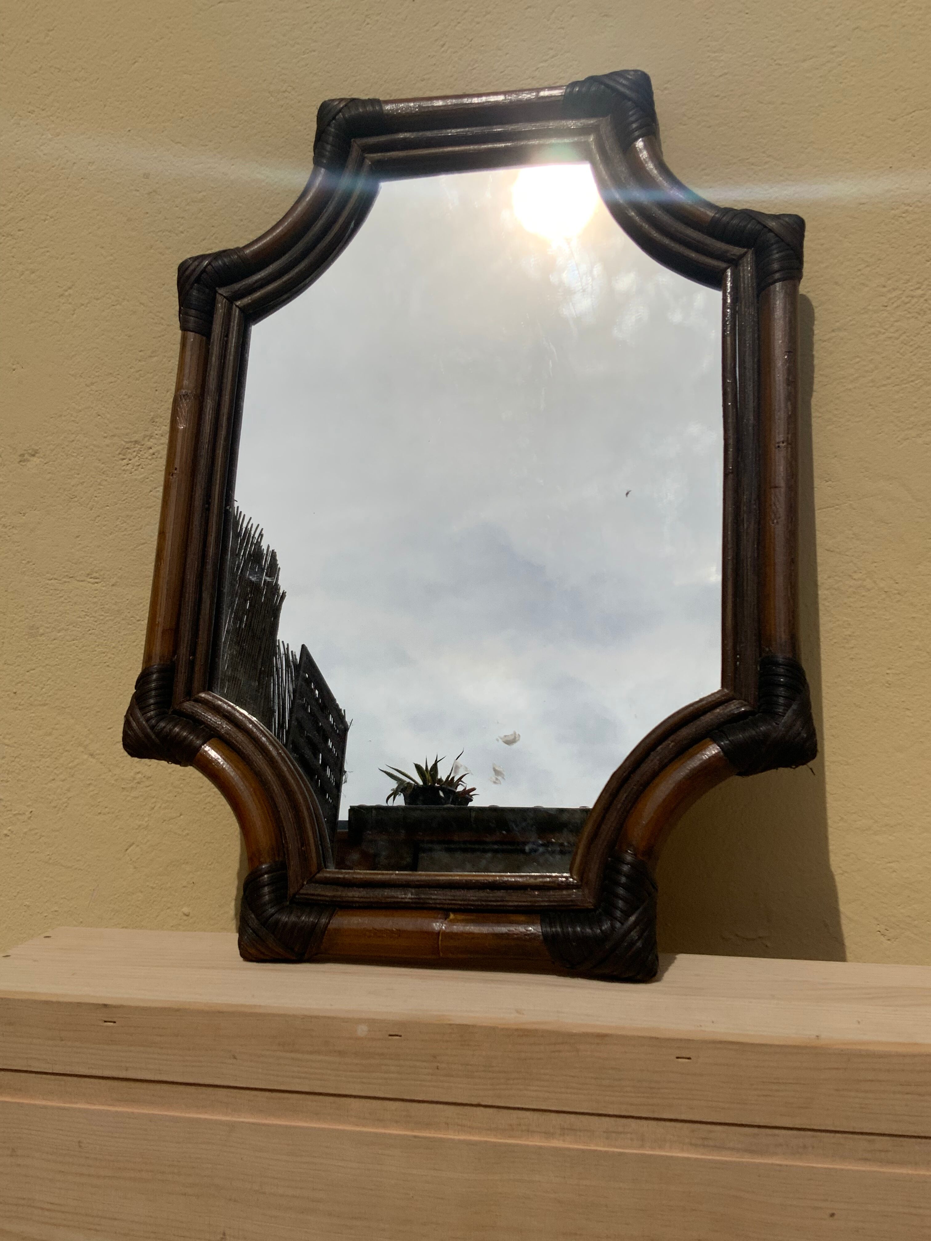 Large format retro decorative vintage wicker and rattan wood mirror