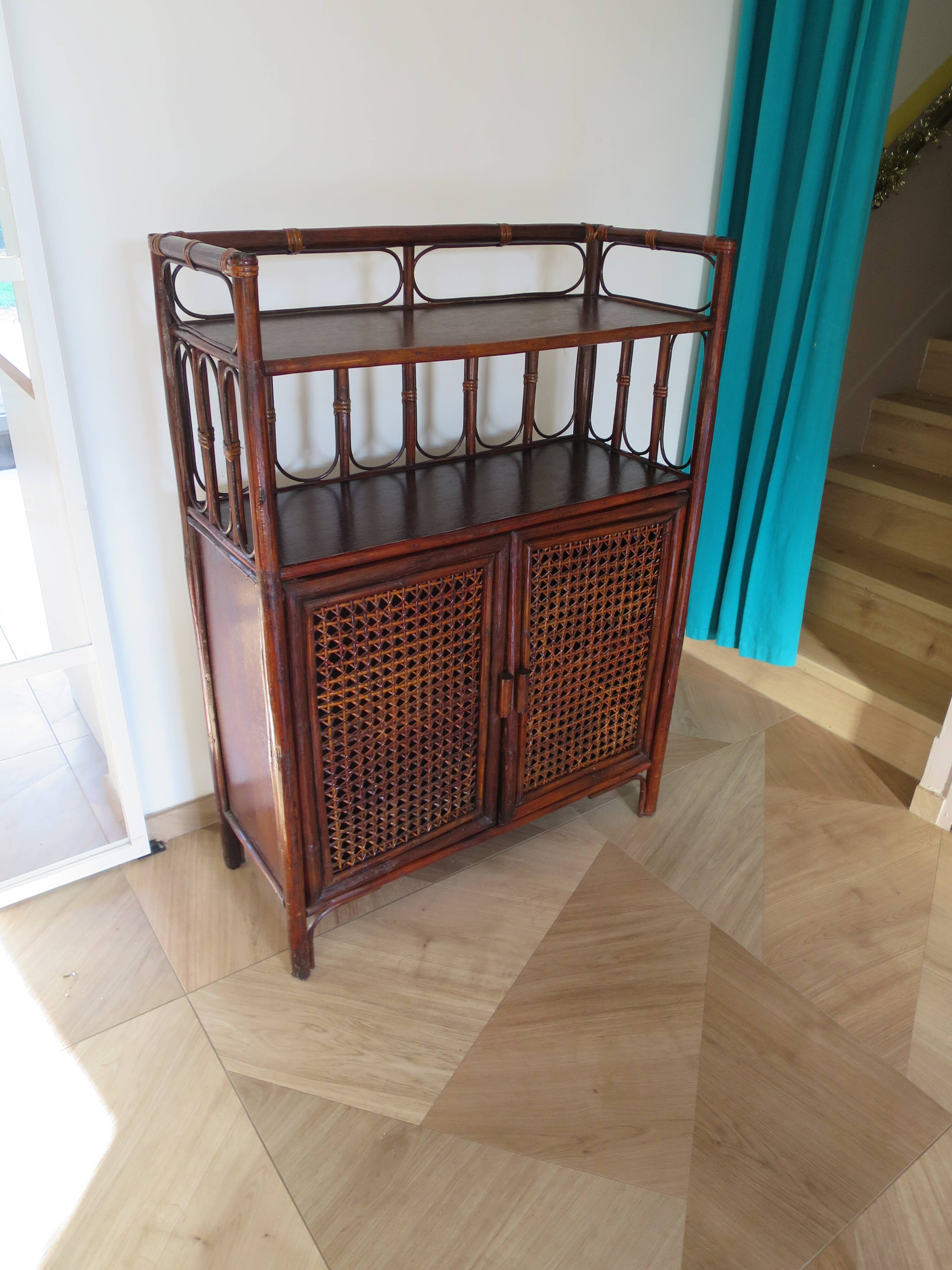 Support buffet bibus woven rattan 2 doors in caning - vintage 60s/70s