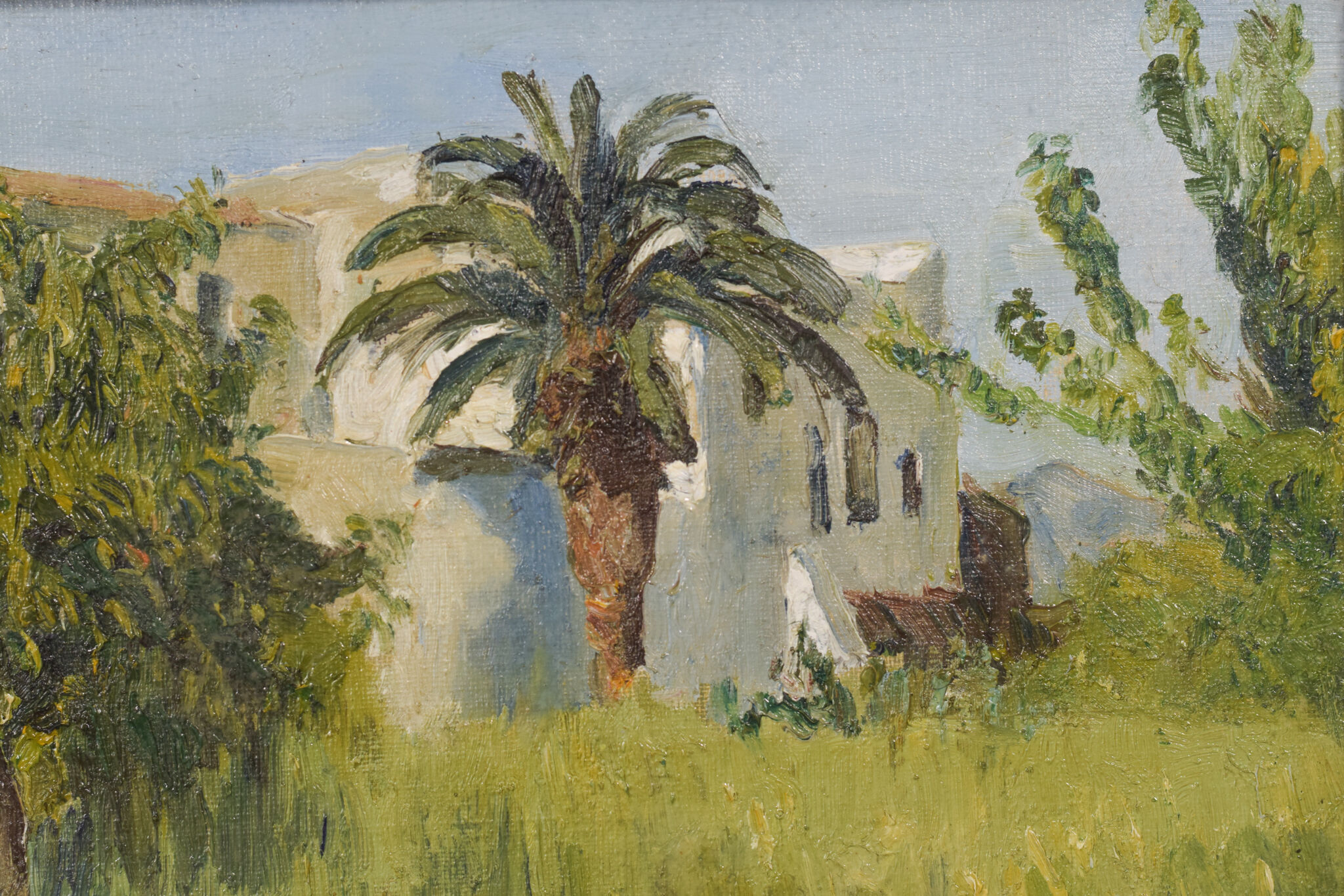 Impressionist oil of villa and palm trees