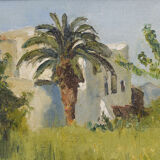 Impressionist oil of villa and palm trees