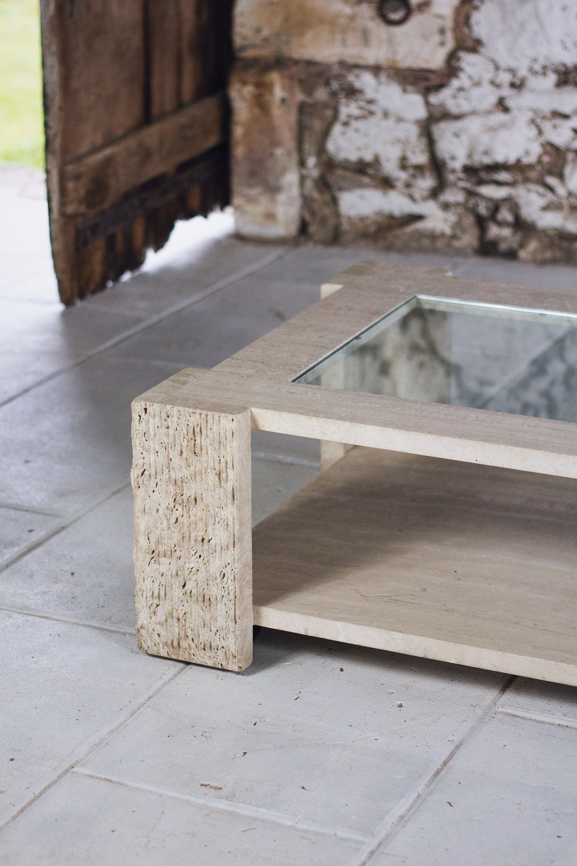 Coffee table in travertine and glass by Claude Berraldacci