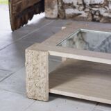 Coffee table in travertine and glass by Claude Berraldacci